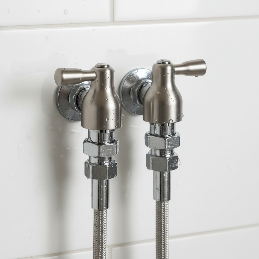 A detailed macro shot of a dual-valve shutoff system featuring brushed nickel handles and precisely engineered joints, mounted on pristine white ceramic tiles. Fine water droplets cling to the surface, hinting at recent functional testing. The background recedes into gentle blur, emphasizing the crisp textures and exact construction of the valves. Controlled spot lighting from above creates nuanced, reflective surfaces and subtle, purposeful shadows below the hardware. Framed with tight, centered composition, the atmosphere is one of precision and care, with a highly realistic, clean, and professional photographic style that reinforces the business’s technical expertise in every detail of water system installations.