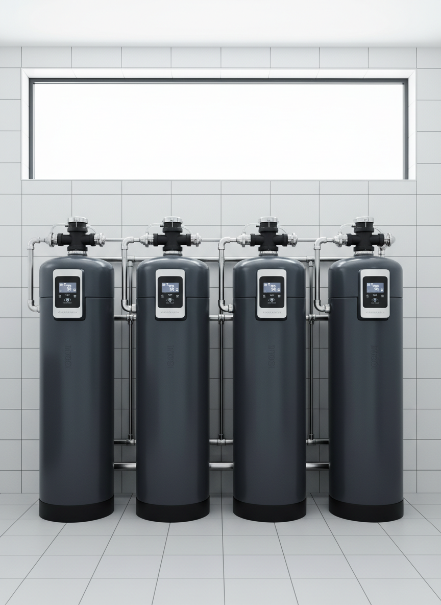 A bank of large, modern water softener tanks constructed from smooth, dark graphite composite stands aligned along a perfectly tiled utility room wall. Each unit features digital control panels with minimal, backlit interfaces and high-gloss piping connections. Gentle, diffused daylight from a frosted glass window lends balanced illumination, catching the gentle curves and sleek surfaces of the tanks while eliminating harsh shadows. Captured at a slightly elevated angle for depth, the scene adopts a balanced, orderly composition with ample negative space. The overall feeling is serene and trustworthy, emphasizing a corporate, photographic realism that highlights the advanced, dependable technologies offered by the business.
