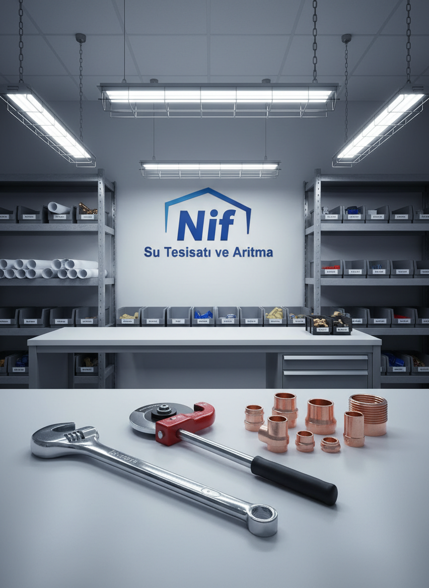 An arrangement of high-quality plumbing tools—such as a torque wrench, pipe cutter, and polished copper fittings—are neatly organized atop a spotless, light-gray industrial workbench. Background shelving holds stacked blueprints and labeled supply bins, all neatly arranged. Ambient lighting from overhead industrial fixtures washes the workspace in soft, neutral light, producing gentle shadows and subtle metallic reflections across the tools. The composition utilizes the rule of thirds, with a sharp, professional focus throughout lending an air of precision and readiness. The mood is confident and efficient, with a photographic, clean, and structured style that reinforces Nif Su Tesisatı ve Arıtma’s commitment to meticulous installation and maintenance.